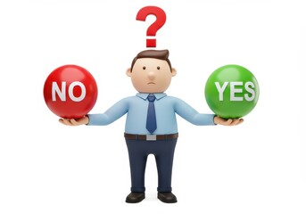 3D Illustration of Cartoon man holding yes and no spheres with a question mark above his head isolated on white background representing decision making