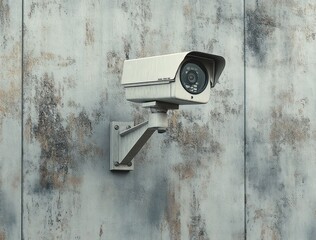 white security camera mounted on weathered concrete wall capturing surveillance view
