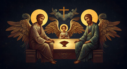 Fototapeta premium Religious figures with wings and cross in painting