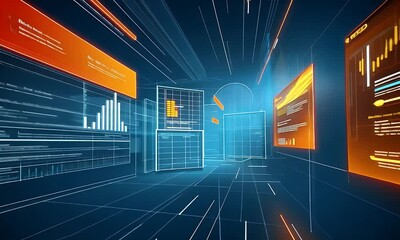 Abstract digital corridor with glowing lines, data screens displaying graphs and code - Powered by Adobe