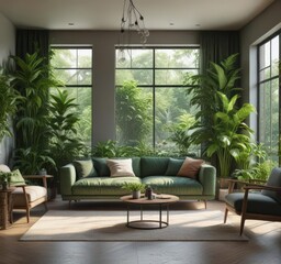 Modern living room, lush green plants, natural light,  modern,  fiddle leaf fig,  greenery