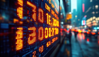 Bright orange digital stock market numbers displayed on an electronic board with blurred city street and pedestrians in background on a rainy day
