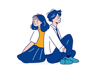 制服姿で背中合わせに座る男女の学生イラスト