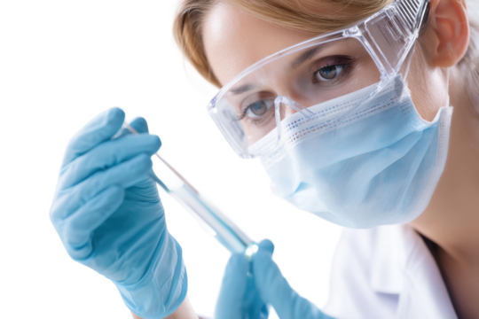 Female scientist conducting experiment with test tube and safety gear, cut out