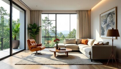 Naklejka premium Stylish living room interior with modern furniture, large windows, and natural light Perfect for home decor inspiration Cozy and elegant design , room design, space, minimalist