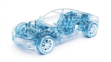 A dynamic 3D of a modern hydrogen car with semi transparent elements, showing a view of its internal