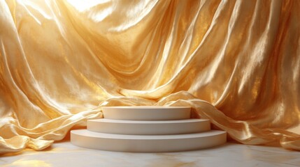 Elegant Three Tiered Display Platform Draped in Luxurious Golden Silk Fabric