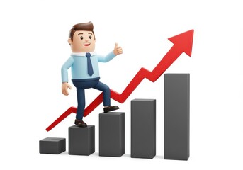 3D Illustration of Cartoon businessman climbing a rising graph giving thumbs up isolated on white background representing success and achievement