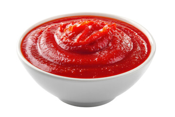 Fresh tangy tomato ketchup in white bowl isolated on black background, cut out