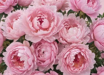 Tightly packed pink peonies, delicate petals, pale pink backdrop ,  bloom,  close-up,  delicate