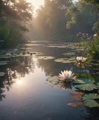 Soft dawn light illuminates tranquil water lilies ,  beauty,  botany