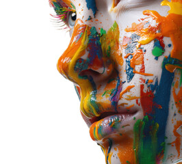 Vibrant abstract paint on female face highlighting color explosion, cut out