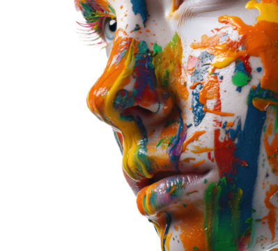 Vibrant abstract paint on female face highlighting color explosion, cut out