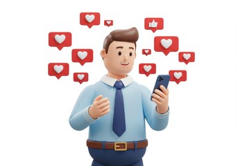 3D Illustration of Cartoon 3d man using smartphone surrounded by social media like and heart icons isolated on white background
