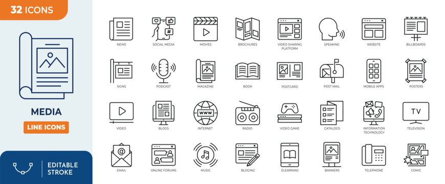 Media icon set. Contain icon related to mass media, social networks, public media, journalism, communication, networking, and more. Outline Icon Collection. Editable stroke. Vector illustration	