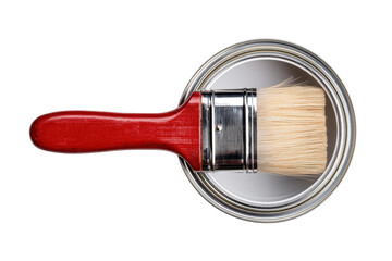 Round paintbrush with red handle resting on open metal paint can lid, cut out
