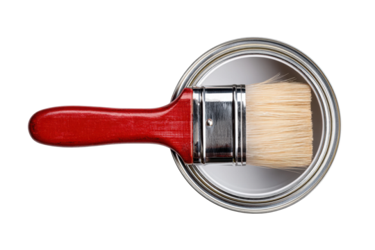 Round paintbrush with red handle resting on open metal paint can lid, cut out - Powered by Adobe
