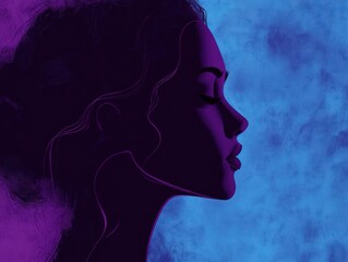 Silhouetted side profile of a peaceful woman with closed eyes in vibrant purple and blue hues evoking calmness and introspection