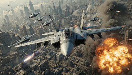 Fighter jet aerial combat, city backdrop, explosions, war	
