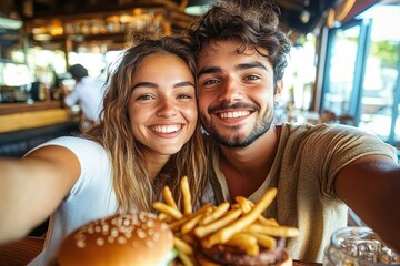 Happy young couple taking a selfie in a restaurant with a plate of burger and French fries in front of them
