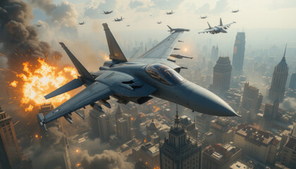 Fighter jet aerial combat, city backdrop, explosions, war	
