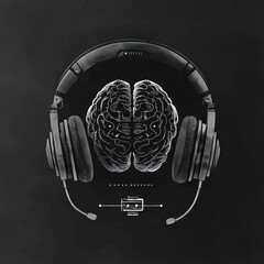 Illustration of a human brain wearing large over-ear headphones with a microphone on a dark background symbolizing thinking and audio communication