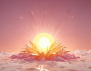 Bright yellow sunburst melts into rose-pink haze, whimsical feel ,  abstract,  nature