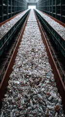 Naklejka premium A large collection of plastic bottles fills a conveyor belt in an industrial recycling facility.
