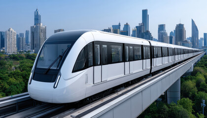 Naklejka premium Modern white metro train travels on elevated tracks with a city skyline and green trees in the background.