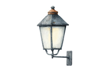Vintage metal wall lantern with rustic weathered finish and soft illuminated glow, cut out