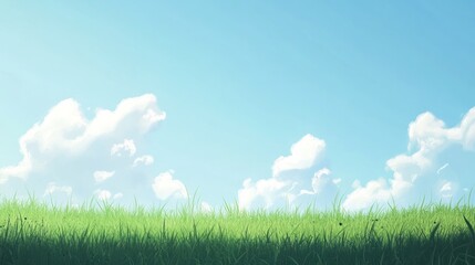 Fototapeta premium Sunny day, vibrant green grass, fluffy white clouds