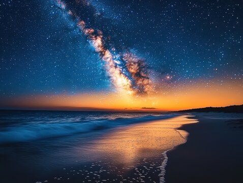A serene beach at night illuminated by the glowing Milky Way galaxy with a colorful sunset horizon reflecting on gentle ocean waves - Powered by Adobe