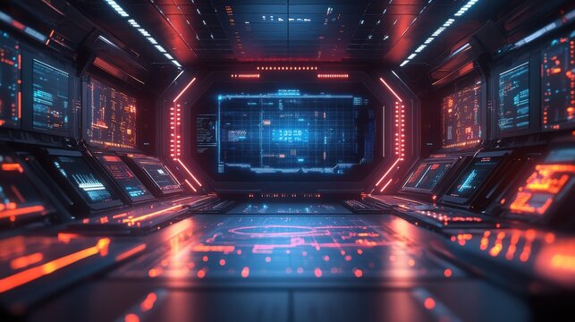 Futuristic Sci Fi Control Room Interior with Glowing Screens and Red Orange Lighting