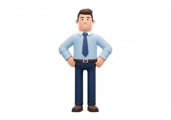 3D Illustration of 3d cartoon of a businessman in blue shirt and tie standing with hands on hips isolated on white background