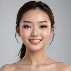  a young Asian woman with a warm, inviting smile. She has dark brown hair pulled back into a ponytail,