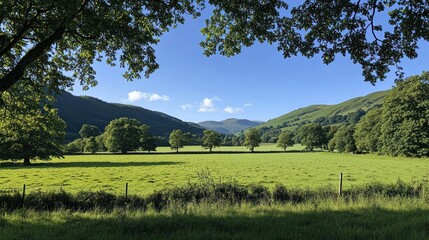 Fototapeta premium Lush green valley, sunlit meadow framed by trees under a vibrant blue sky