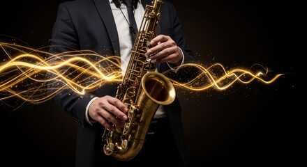 Naklejka premium Saxophonist playing a saxophone with golden light effects