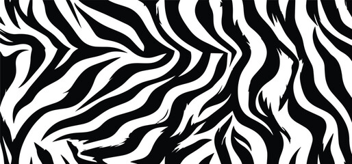 Seamless black and white tiger fur texture vector illustration. Abstract striped animal print pattern ideal for textile, fashion, background, wallpaper, or digital design.