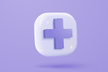 3d purple plus icon on the white colours background. First aid and health care with pure medical. Medical symbol of emergency help. 3d math signs icon vector render illustration