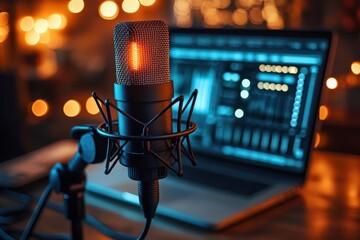 Close-up of a professional condenser microphone with shock mount in front of an open laptop showing audio editing software with blurred warm bokeh lights in the background