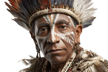 Mature indigenous male with feather headdress and face paint, cut out