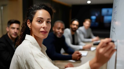 Professional woman presenting ideas to colleagues during a meeting in a modern office environment with focused expressions