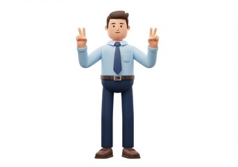 Fototapeta premium 3D Illustration of Cartoon businessman making a peace sign with both hands isolated on white background wearing a blue shirt and tie