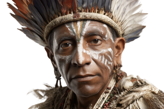 Mature indigenous male with feather headdress and face paint, cut out