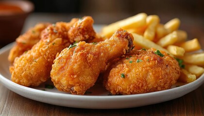 Crispy golden fried chicken drumsticks and thighs garnished with herbs served alongside golden French fries on a white plate