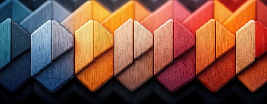 Close-up of colorful wooden geometric shapes arranged in a row creating a pattern of interlocking diamonds and arrows with a rich textured surface