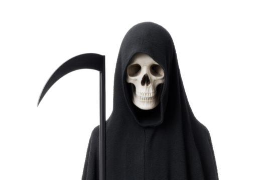 Grim reaper with scythe in black cloak on black background, cut out