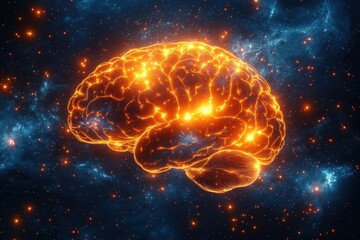 Fototapeta premium Glowing digital brain floating in a cosmic space filled with stars and nebulae, symbolizing intelligence and neural connections