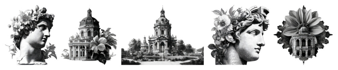 Obraz premium PNG Classical architecture floral fusion, element set on transparent background