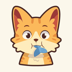 Emoticon of a Cat Eating Fish, Cat Cartoon Illustration Vector Sticker
